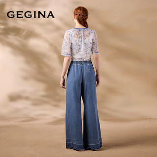 GEGINA吉吉娜2025早春季松紧腰蓝色牛仔裤显瘦高级宽松阔腿裤