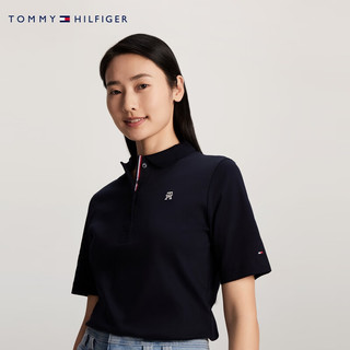 TOMMY HILFIGER【柔顺双面布】夏季女纯棉撞色门襟五粒扣短袖T恤POLO41886 藏青色DW5 XL