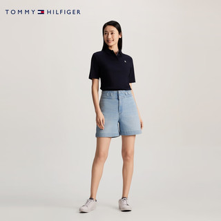 TOMMY HILFIGER【柔顺双面布】夏季女纯棉撞色门襟五粒扣短袖T恤POLO41886 藏青色DW5 XL