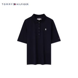 TOMMY HILFIGER【柔顺双面布】夏季女纯棉撞色门襟五粒扣短袖T恤POLO41886 藏青色DW5 XL