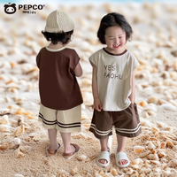 小猪班纳韩系童装男女童无袖T恤儿童2025夏季字母半袖上衣洋气套装 韩版咖色短套 140 cm