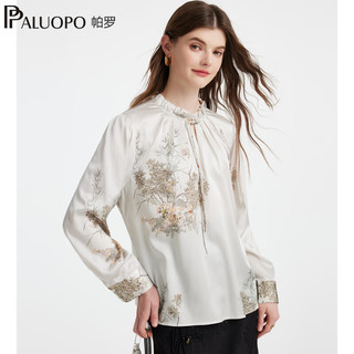 帕罗（PALUOPO）2025春夏新中式长袖衬衫女 法式真丝印花盘扣上衣 桑蚕丝衬衣 白底花 L (165/88A)