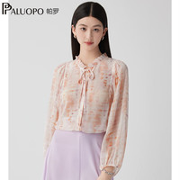 帕罗（PALUOPO）2025法式真丝长袖衬衫女 10姆米乔其纱木耳边100%桑蚕丝衬衣上装 粉色花 L (165/88A)