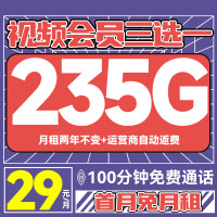 中国电信 上元卡 29元/月(235G不限速+100分钟通话+首月免租+自动返费)激活送视频会员