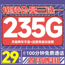 中国电信 上元卡 29元/月（235G不限速+100分钟通话+首月免租+自动返费）激活送视频会员