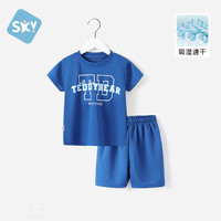 舒贝怡男童夏装速干运动套装薄中大童篮球服休闲短袖短裤两件套外出夏装 字母蓝色 100 cm(2-3岁)