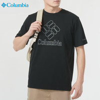 哥伦比亚（Columbia）夏季薄款纯棉男士短袖圆领T恤舒适百搭时尚半袖印花运动透气 黑色 2XL 180-200斤