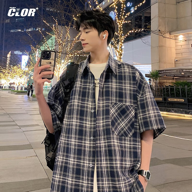 CLOR翻领格纹衬衫夏季男美式潮流薄款宽松休闲短袖上衣CLCX07藏青L