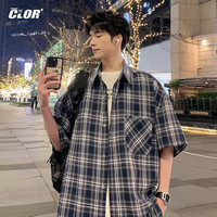 CLOR翻领格纹衬衫夏季男美式潮流薄款宽松休闲短袖上衣CLCX07藏青L