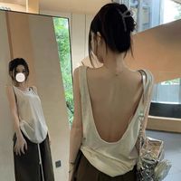 梅本唯晒背专用上衣kumikumi 美式纯色露背吊带背心女2024夏季宽松休闲 浅粉色 (纯色露背吊带背心) M (建议100-115斤)