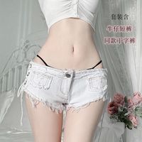 流霞丝语超短裤女夏天外穿夏季破洞牛仔短裤热裤心机露臀绑带可调控性