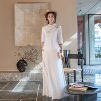 【唯品款】新中式2025夏印花棉麻混纺修身衬衣女国风