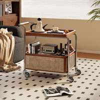锦需可移动边几小推车客厅沙发茶几中古风实木厨房收纳置物架餐车 实木藤推车樱桃木色57x40x70cm