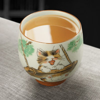 真迹陶瓷茶杯熊猫汝窑主人杯品茗杯开片可茶杯茶盏单杯功夫茶具 汝窑缘定杯-秋千猫
