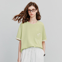 初语新中式圆领T恤女2025夏季撞色拼接翻袖花卉刺绣凉感上衣 浅绿色 L