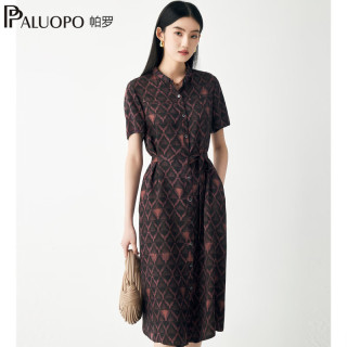 帕罗（PALUOPO）23姆米非遗香云纱】女装真丝连衣裙衬衫领休闲通勤格子印花裙子 暗紫夹花