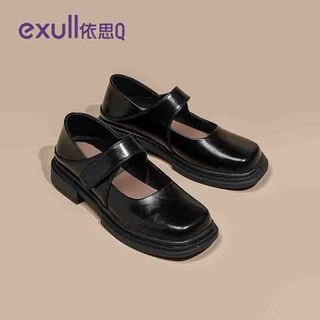 EXULL依思Q魔术贴女鞋玛丽珍鞋2025春季百搭厚底英伦风一脚蹬黑色小皮鞋 黑色 37