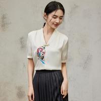 【新中式衬衫】夏新重工刺绣盘扣V领雪纺衫女国风短袖衬衣