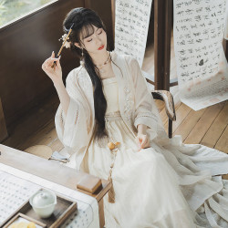 云藏月绣 缘起青白 原创宋制长褙子白月光素雅禅意仙气三件套汉服女春夏 衣服三件套 L