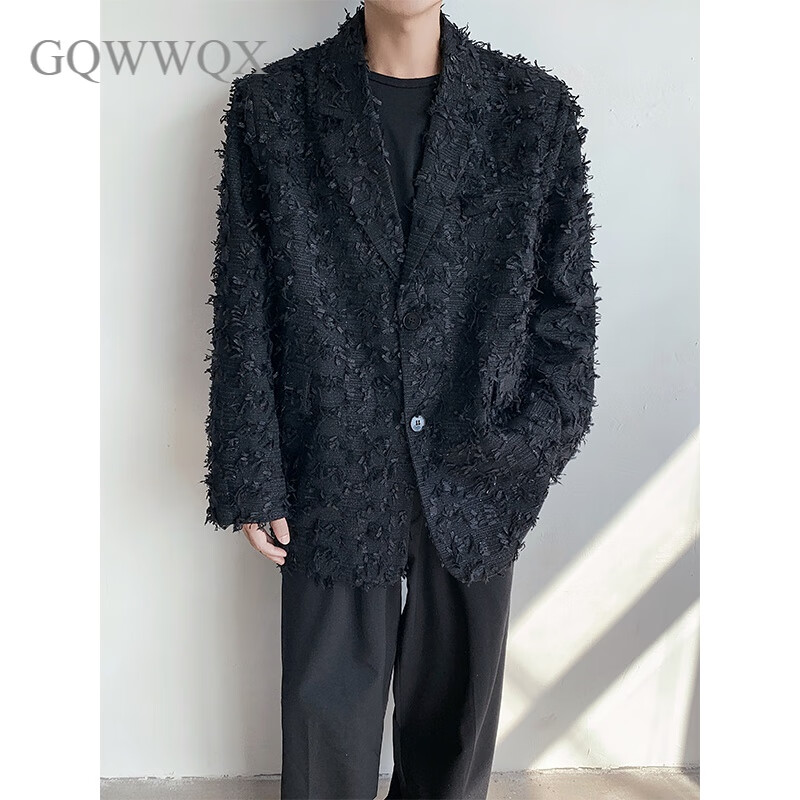 GQWWQX小众设计高级感流苏格子黑色西装男韩版宽松时髦炸街西服外套 黑色 M