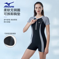 美津浓（MIZUNO）连体泳衣女士平角专业运动速干保守遮肚显瘦夏季大码游泳装备 黑色 XL