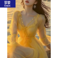 罗蒙(ROMON)女装黄色雪纺连衣裙夏装2025年新款沙滩裙女海边度假仙女法式长裙 黄色 M