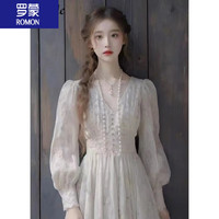 罗蒙(ROMON)女装白色连衣裙春秋季2024新款中国风时尚高贵小香风长袖公主裙子 米白色 M