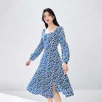 秋水伊人开衩碎花方领连衣裙秋季女装高腰A字雪纺裙子 花料 M