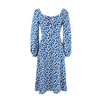 秋水伊人开衩碎花方领连衣裙秋季女装高腰A字雪纺裙子 花料 S