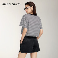 MISS SIXTYT恤女条纹圆领套头短款宽松四叶草上衣 白/黑 M