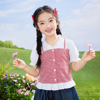 茵曼女童短袖衬衣假两件设计2025夏新款儿童中大童泡泡袖半袖上衣