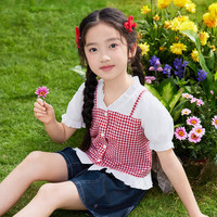 茵曼女童短袖衬衣假两件设计2025夏儿童中大童泡泡袖半袖上衣 红格 160