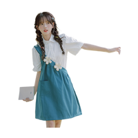 镜莎女生裙子夏天新款连衣裙学生单肩背带裙夏季新款斜肩裙衬衣套装裙 裙子+上衣套装