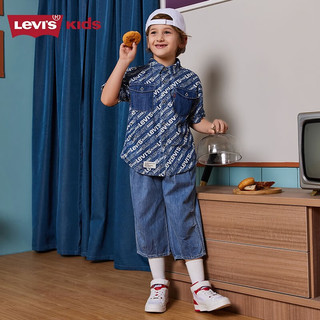 Levi's 李维斯童装夏季男童牛仔衬衫儿童舒适字母印花短袖上衣 苍穹蓝 160 /80 【身高158-170cm】