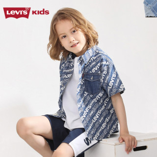 Levi's 李维斯童装夏季男童牛仔衬衫儿童舒适字母印花短袖上衣 苍穹蓝 160 /80 【身高158-170cm】