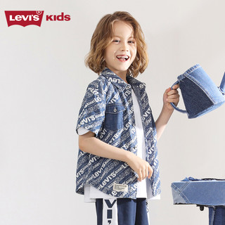 Levi's 李维斯童装夏季男童牛仔衬衫儿童舒适字母印花短袖上衣 苍穹蓝 160 /76 【身高152-158cm】