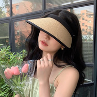 衣起纤手 女士草编大檐遮阳帽 黑边卡其色