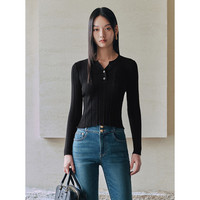 太平鸟秋冬毛针织衫集合链接打底无缝套衫女士开衫 黑色半门襟小V领线套衫 L