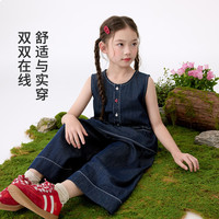 茵曼女童时尚牛仔套装花朵纽扣2025夏季中大童无袖上衣裤子儿童两件套 深蓝色 120