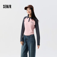 森马 SemirPOLO衫女短款紧身拼色插肩袖辣妹衣服春季时尚字母上衣复古风 白灰色调00312 170/92A/XL