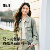森马 Semir牛仔外套女短款做旧复古甜酷炸街小个子上衣春季翻领夹克潮酷