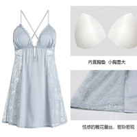 PETAL SCOPE性感纯欲睡衣蕾丝纯色吊带裙系带晨袍外袍家居服套装 草绿（睡裙+胸垫 L