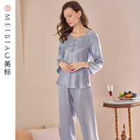美标长袖真丝睡衣女春夏季100%桑蚕丝凉感丝绸蕾丝短袖家居服套装