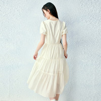 乐町法式小翻领连衣裙24年夏季女知性短袖连衣裙收腰飘逸长裙 米黄 M