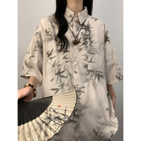 QGF新中式国风棉麻短袖衬衫女士夏季宽松显瘦大版衬衣休闲薄外套 白色 XL