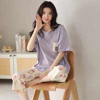 顶瓜瓜睡衣女纯棉春夏季短袖七分裤薄款加大码家居服套装可外穿