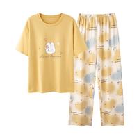 顶瓜瓜带胸垫睡衣女春夏款纯棉短袖长裤薄款全棉家居服套装可外穿
