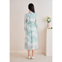 音儿（YINER）【醋酸系列】YINER音儿专选2025春季水墨印花收腰碎褶连衣裙 浅绿 XL