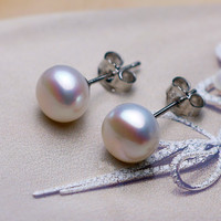 珍媄海水珍珠耳钉女 18K金日本akoya珍珠 简约百搭正圆强光珍珠耳钉 S925银8-9MM扁圆淡水珍珠耳钉