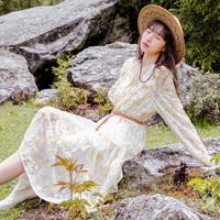 春秋木耳边长袖连衣裙小清新甜美风休闲碎花A字裙